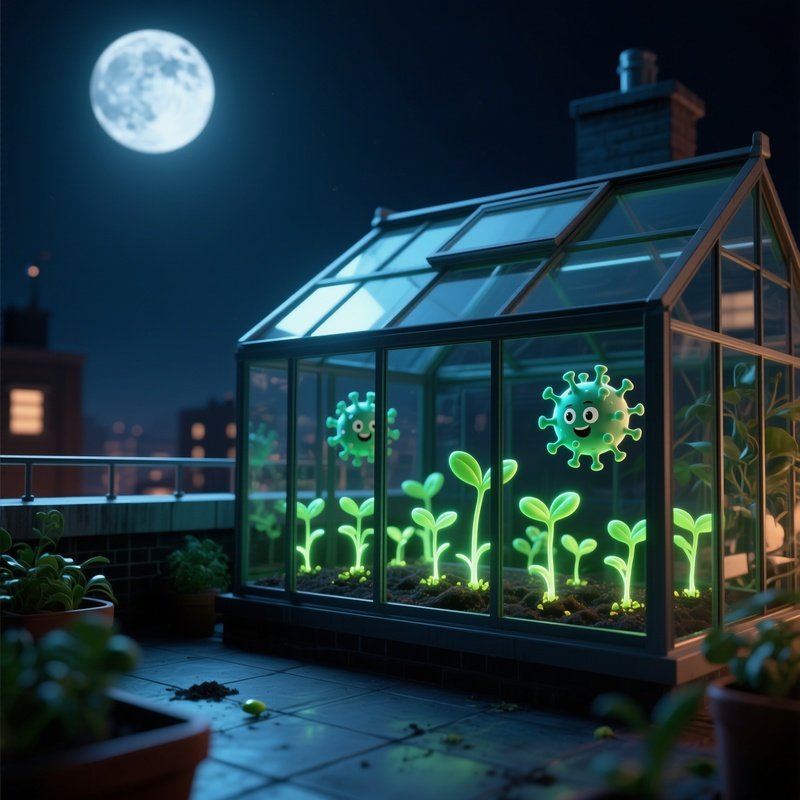 A Quiet Rooftop Greenhouse At Night, Moonlight Filtering Through Glass Panels, And Cartoon Viruses