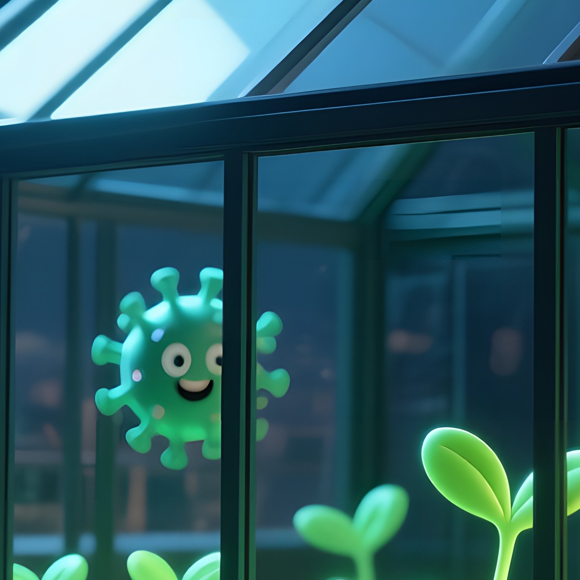 A Quiet Rooftop Greenhouse At Night, Moonlight Filtering Through Glass Panels, And Cartoon Viruses - Full Resolution Quality Preview