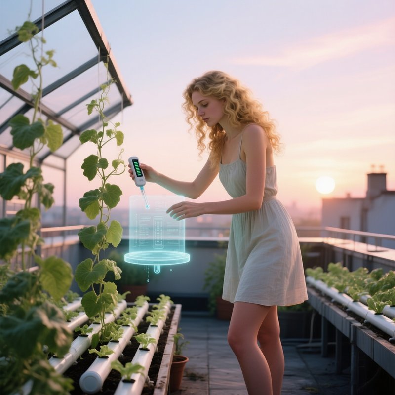 A Quiet Rooftop Greenhouse At Sunrise, A Gardener‑Tech Hybrid With Long Blonde Curls Tends To