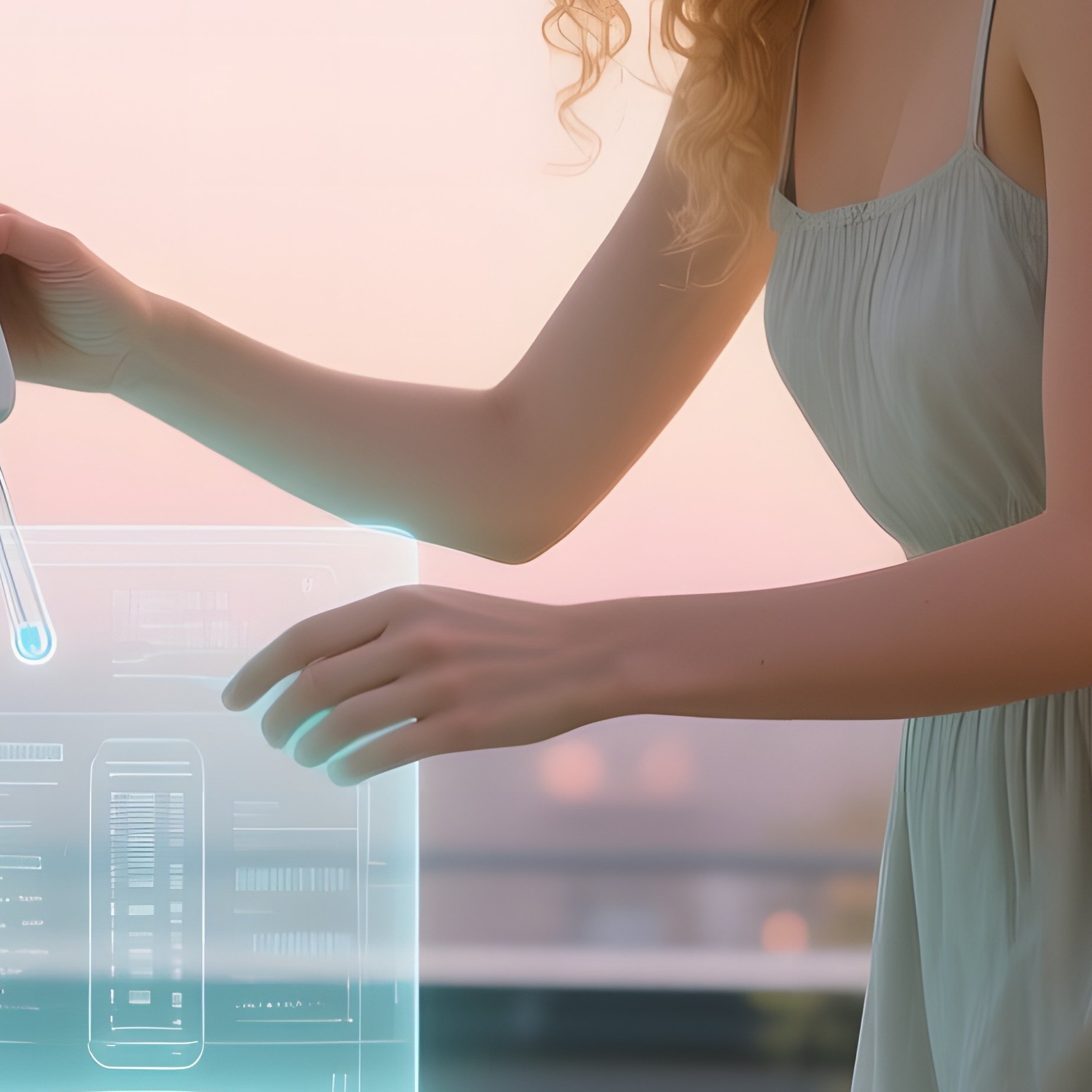 A Quiet Rooftop Greenhouse At Sunrise, A Gardener‑Tech Hybrid With Long Blonde Curls Tends To - Full Resolution Quality Preview