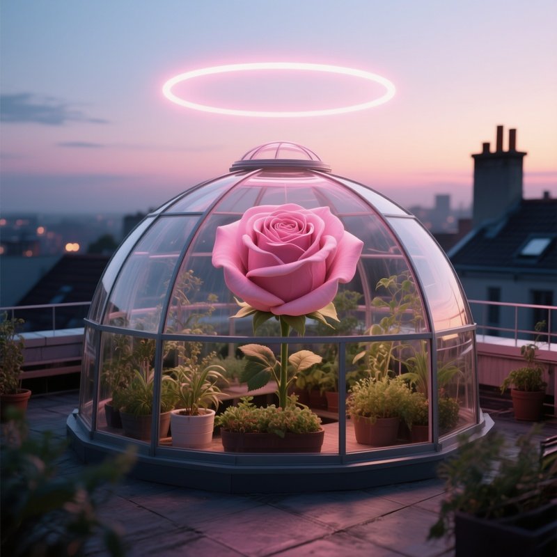 A Quiet Rooftop Greenhouse At Twilight, Glass Domes Shaped Like Oversized Roses That Trap The Last
