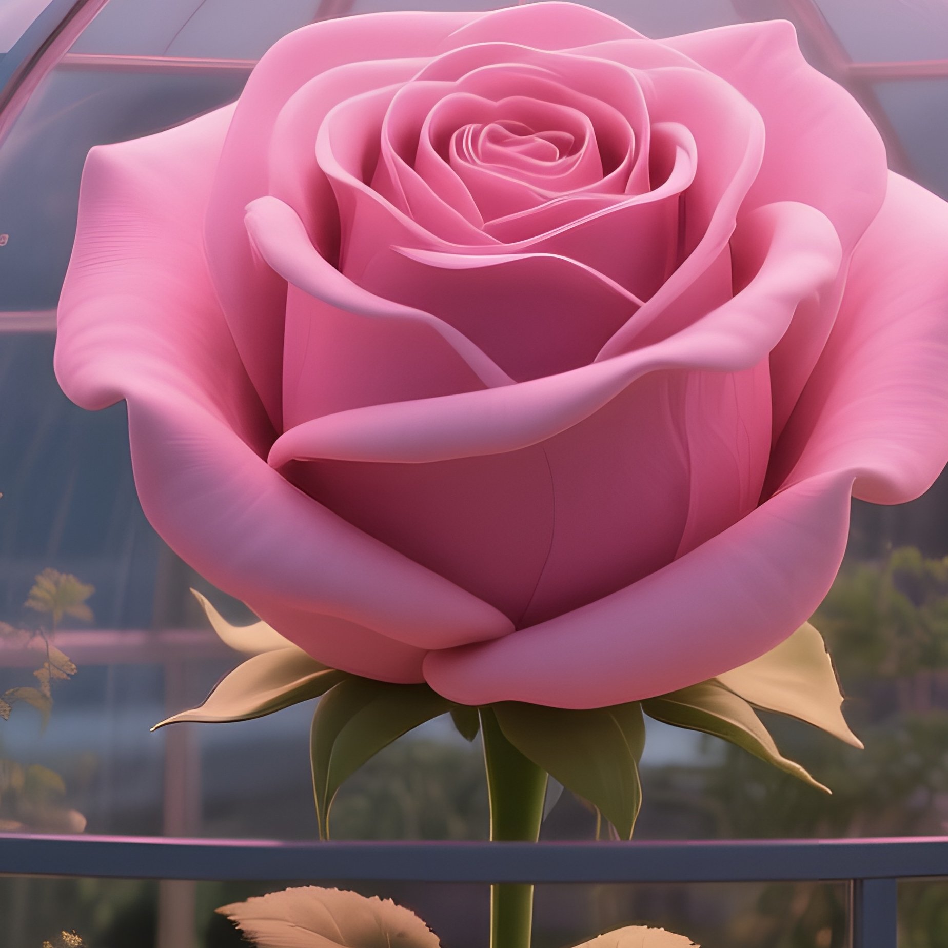 A Quiet Rooftop Greenhouse At Twilight, Glass Domes Shaped Like Oversized Roses That Trap The Last - Full Resolution Quality Preview