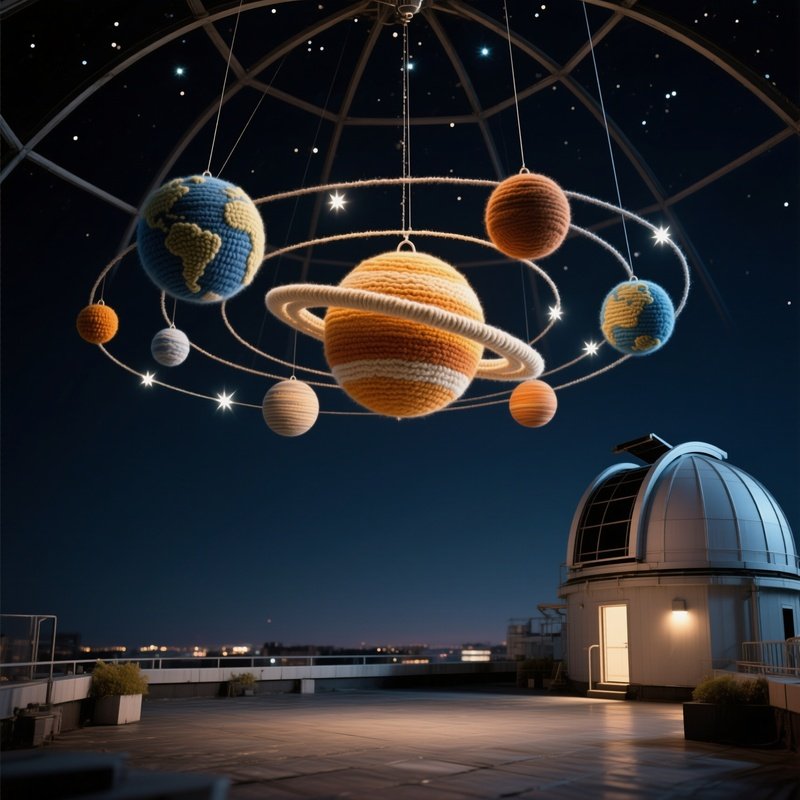 A Quiet Rooftop Observatory At Night, With A Large Wool Model Of The Solar System Suspended From
