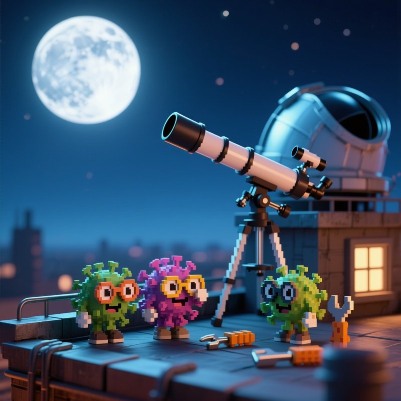 A Quiet Rooftop Observatory Under A Full Moon, Telescope Pointed Skyward, And Cartoon Viruses