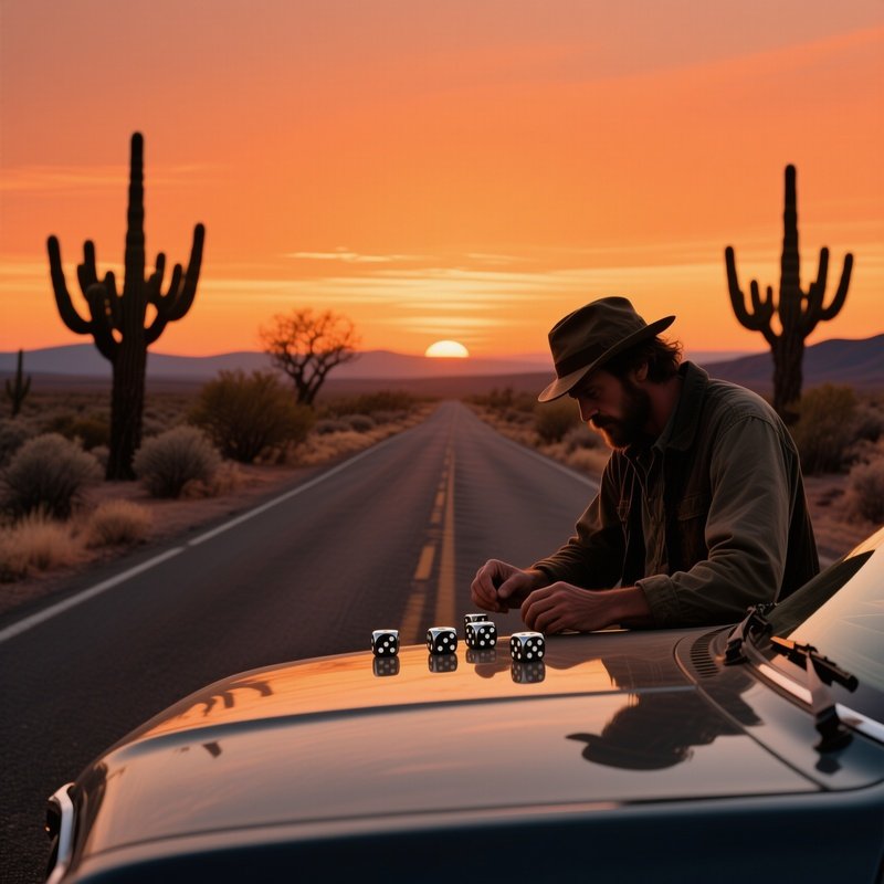 A Quiet Rural Road In The American Southwest At Sunset, Desert Shrubs Silhouetted As A Lone