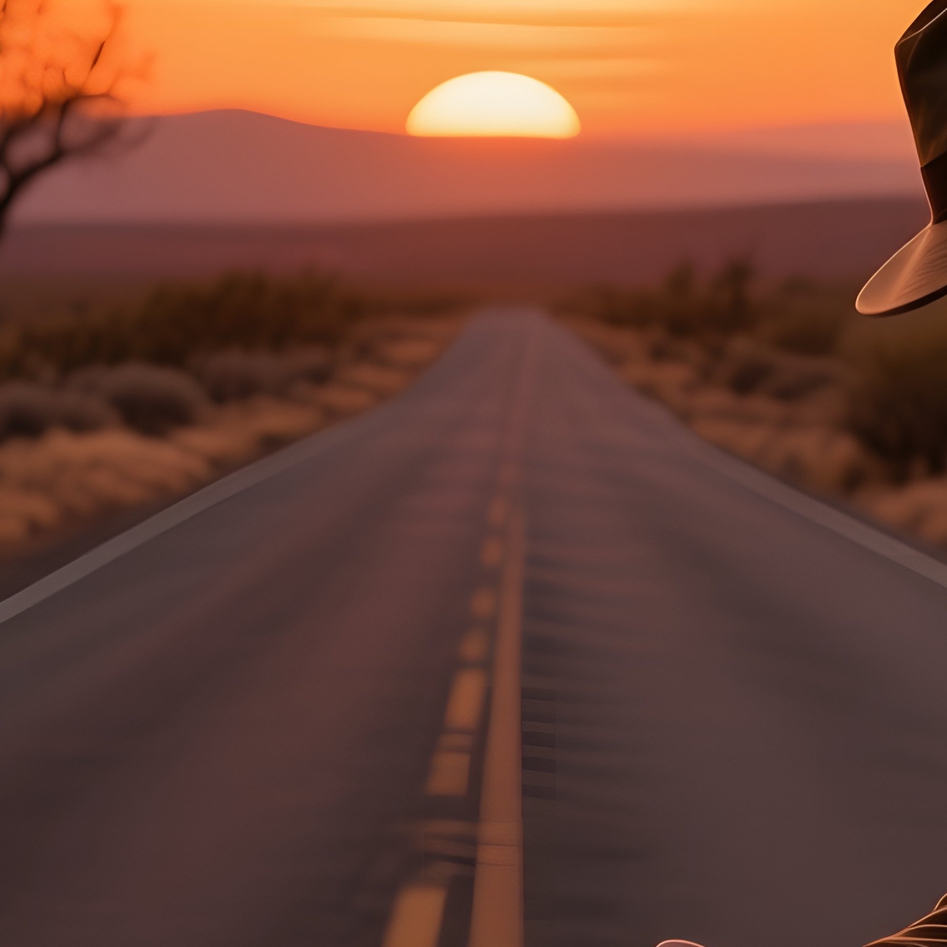 A Quiet Rural Road In The American Southwest At Sunset, Desert Shrubs Silhouetted As A Lone - Full Resolution Quality Preview