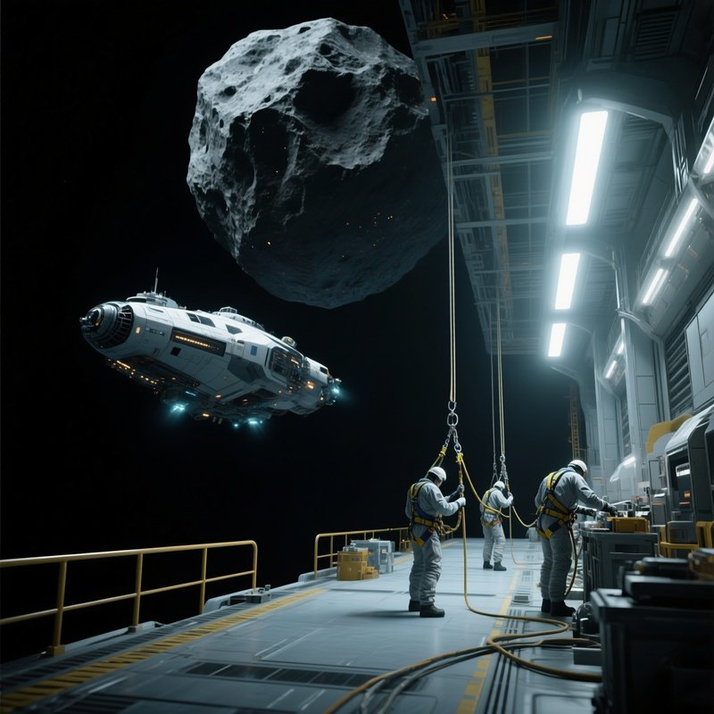 A Quiet Scene Of A Drifting Spacecraft Repair Bay Anchored To A Large Asteroid, With Technicians In