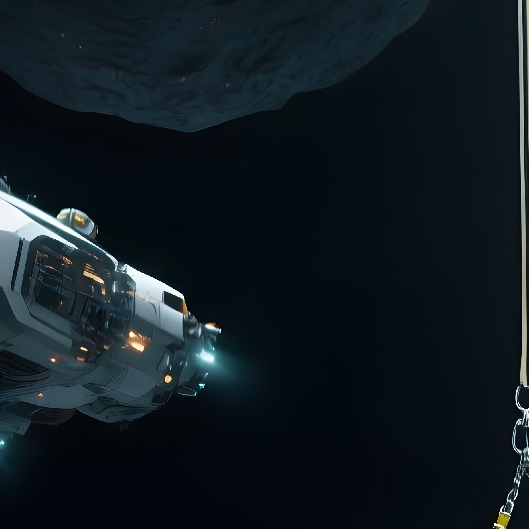 A Quiet Scene Of A Drifting Spacecraft Repair Bay Anchored To A Large Asteroid, With Technicians In - Full Resolution Quality Preview