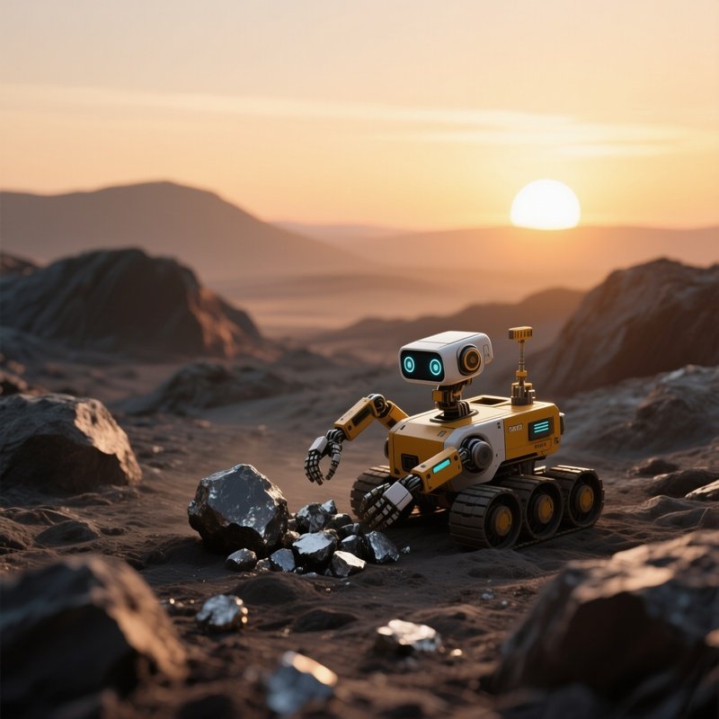 A Quiet Scene Of A Small Autonomous Mining Bot Collecting Ore From A Rugged Asteroid Surface Under