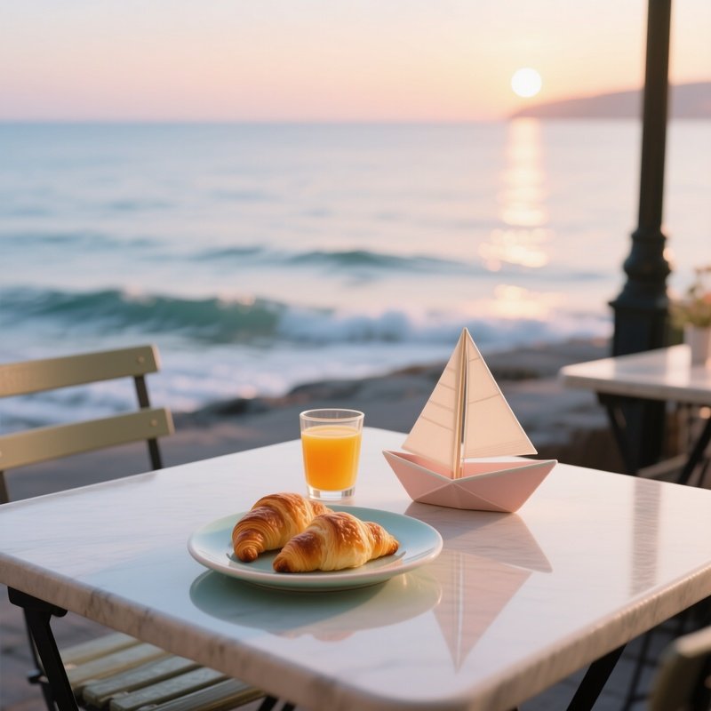 A Quiet Seaside Café Table At Sunrise, Where A Pastel Ceramic Plate Holds Croissants, A Small Glass
