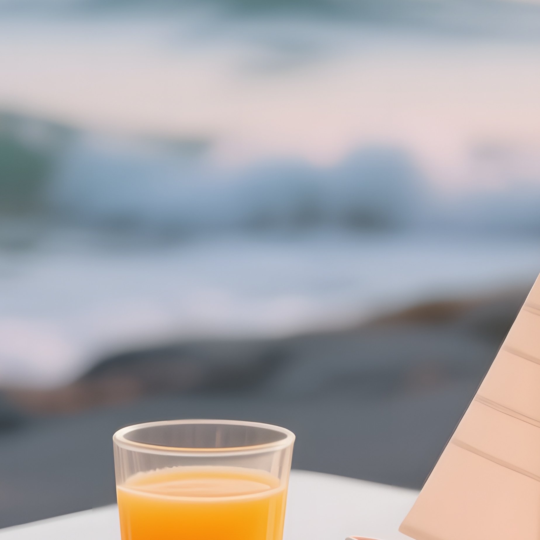 A Quiet Seaside Café Table At Sunrise, Where A Pastel Ceramic Plate Holds Croissants, A Small Glass - Full Resolution Quality Preview