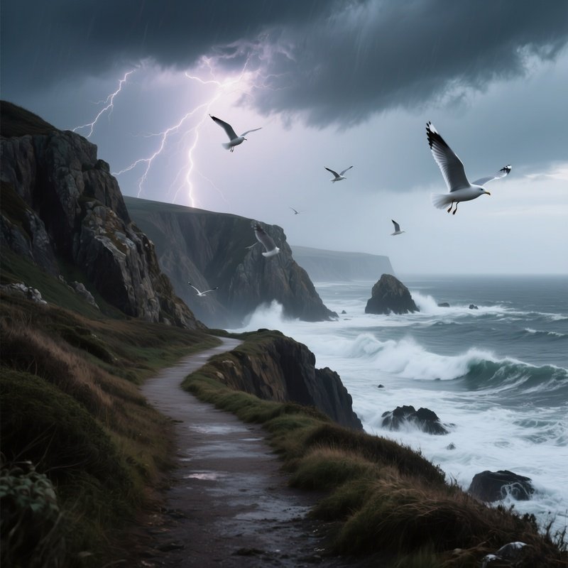A Quiet Seaside Cliff Path Under A Stormy Sky, Waves Crashing Below While Intermittent Lightning