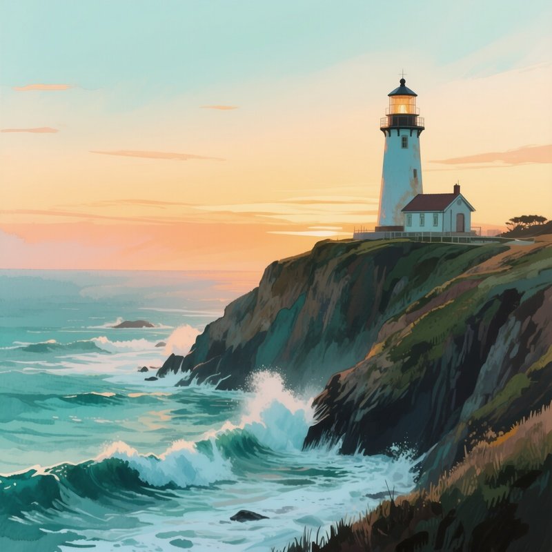 A Quiet Seaside Cliffside Lighthouse During A Calm Sunset, Waves Crashing Below, Watercolor