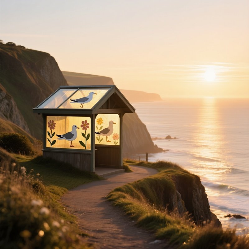 A Quiet Seaside Cliffside Path At Golden Hour, A Small Lookout Shelter With A Glass Roof Painted