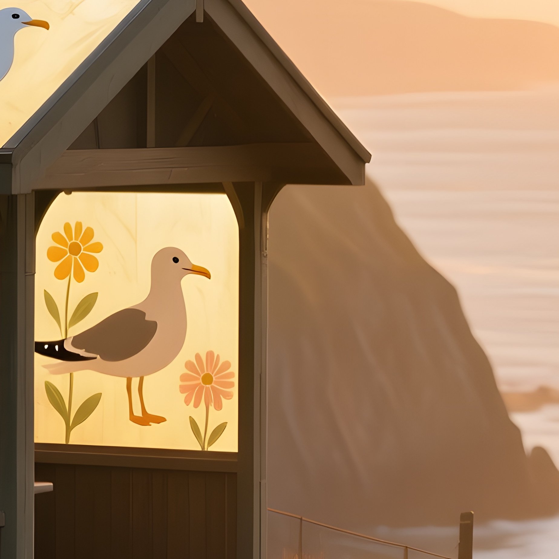 A Quiet Seaside Cliffside Path At Golden Hour, A Small Lookout Shelter With A Glass Roof Painted - Full Resolution Quality Preview