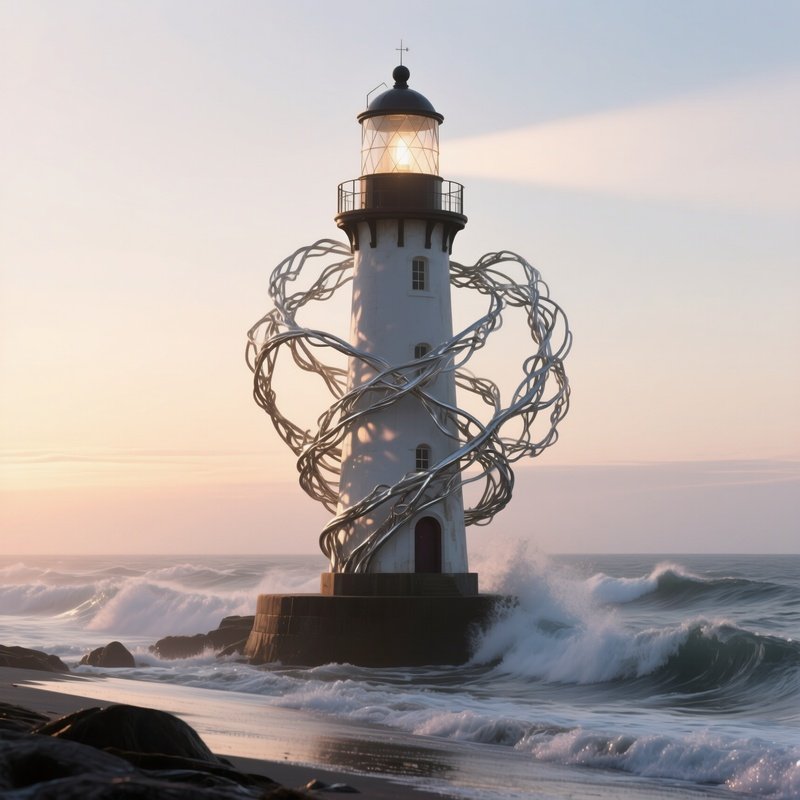 A Quiet Seaside Lighthouse At Sunrise, Its Beacon Replaced By A Rotating Sculpture Of Intertwined