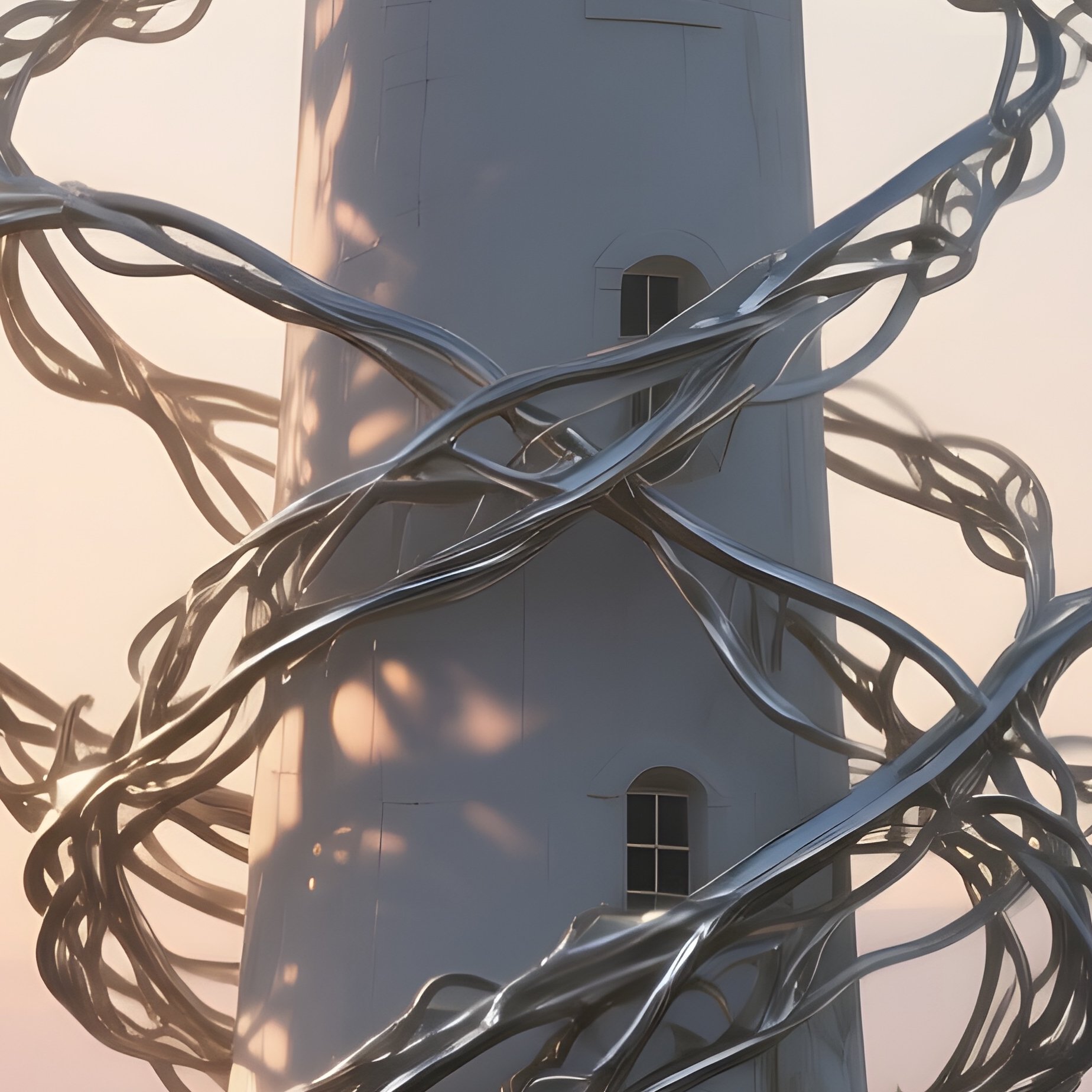A Quiet Seaside Lighthouse At Sunrise, Its Beacon Replaced By A Rotating Sculpture Of Intertwined - Full Resolution Quality Preview
