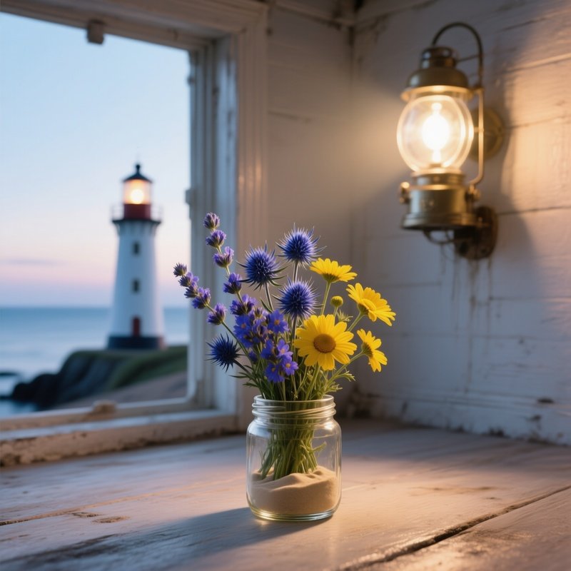 A Quiet Seaside Lighthouse Interior, Where A Small Glass Jar Holds A Bright Bouquet Of Sea