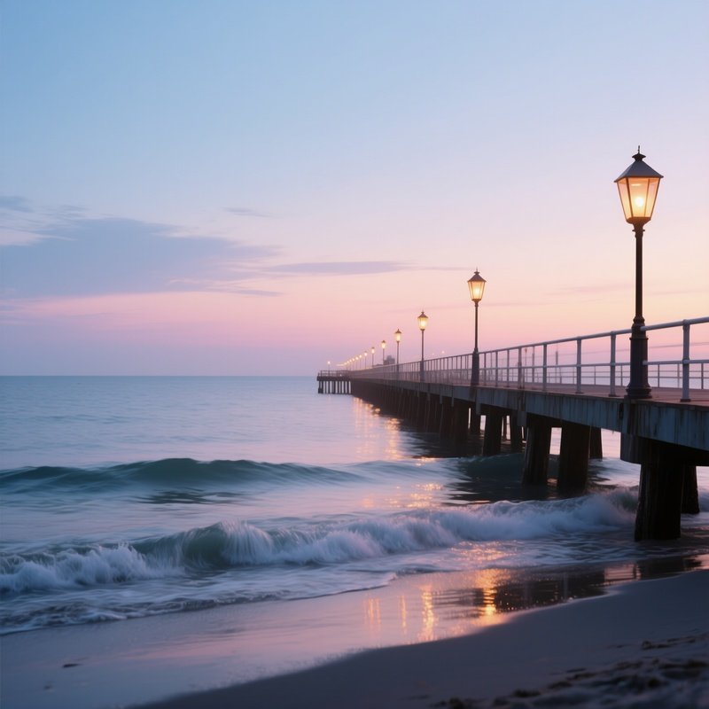 A Quiet Seaside Pier At Dusk In Late Summer, Gentle Waves Lapping, Lanterns Glowing Along Railings,