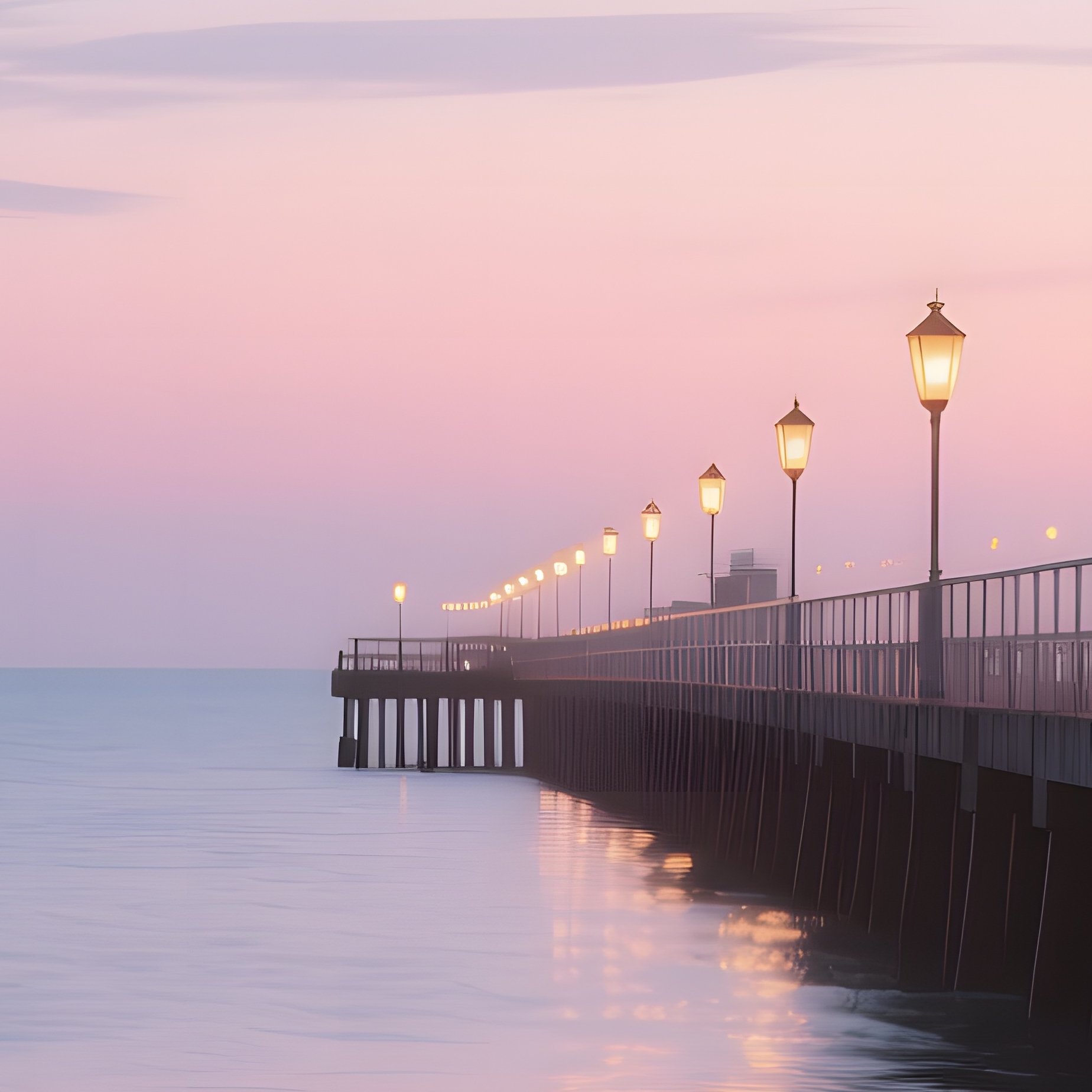 A Quiet Seaside Pier At Dusk In Late Summer, Gentle Waves Lapping, Lanterns Glowing Along Railings, - Full Resolution Quality Preview