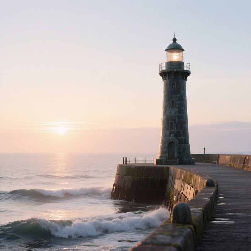 A Quiet Seaside Pier At Sunrise With A Smooth Basalt Lighthouse Statue Guiding The Morning Light