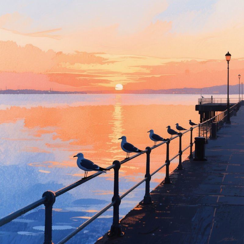 A Quiet Seaside Pier At Sunset, Silhouettes Of Gulls Perched On Railings, Watercolor Warm Oranges