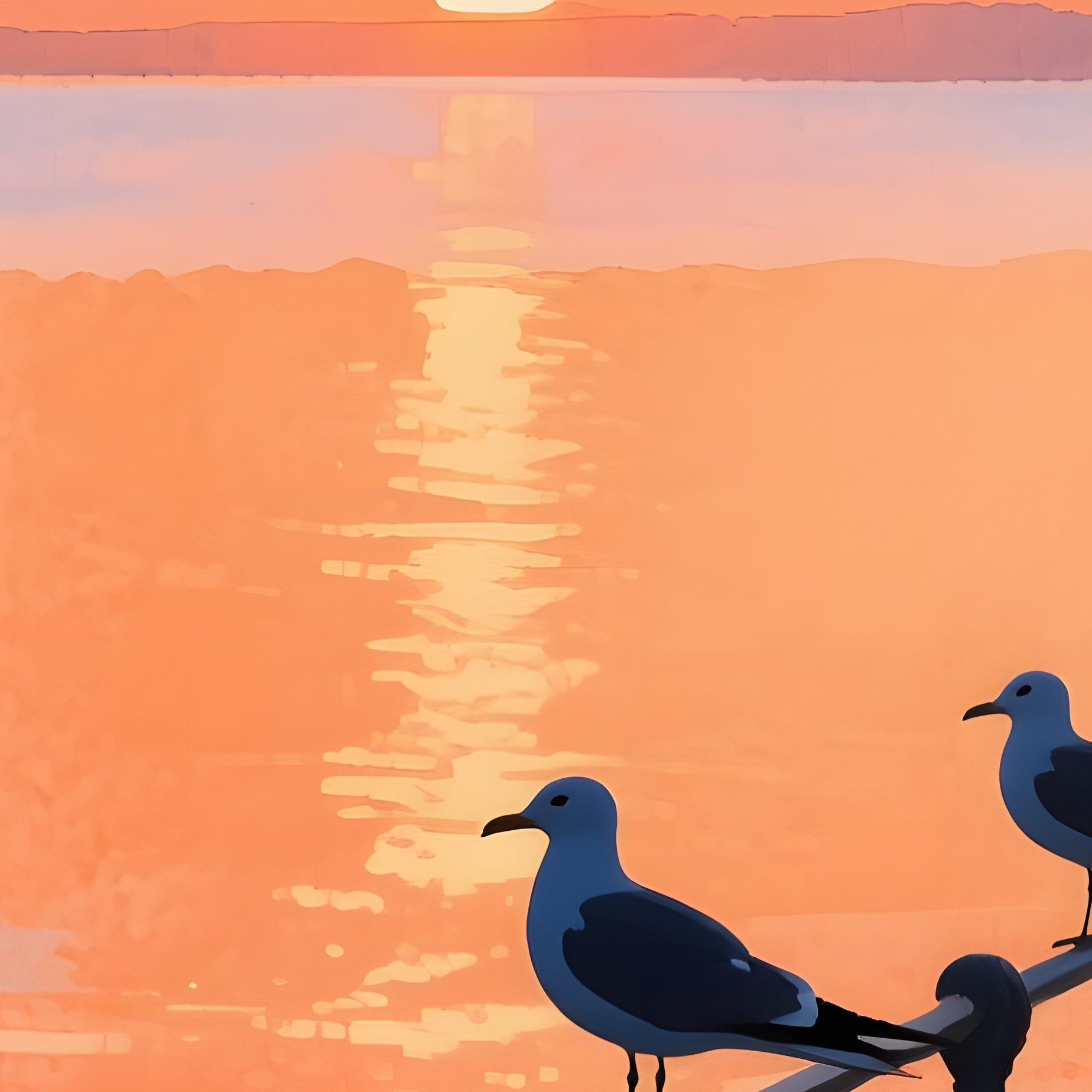 A Quiet Seaside Pier At Sunset, Silhouettes Of Gulls Perched On Railings, Watercolor Warm Oranges - Full Resolution Quality Preview