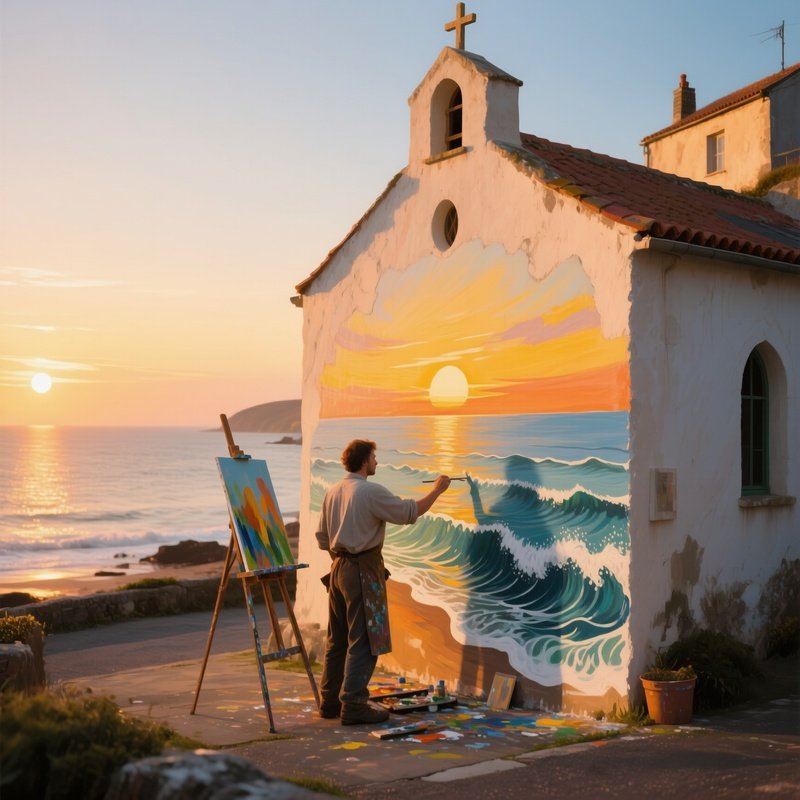 A Quiet Seaside Village Chapel At Golden Hour, The Plaster Walls Glowing As An Artist Paints A