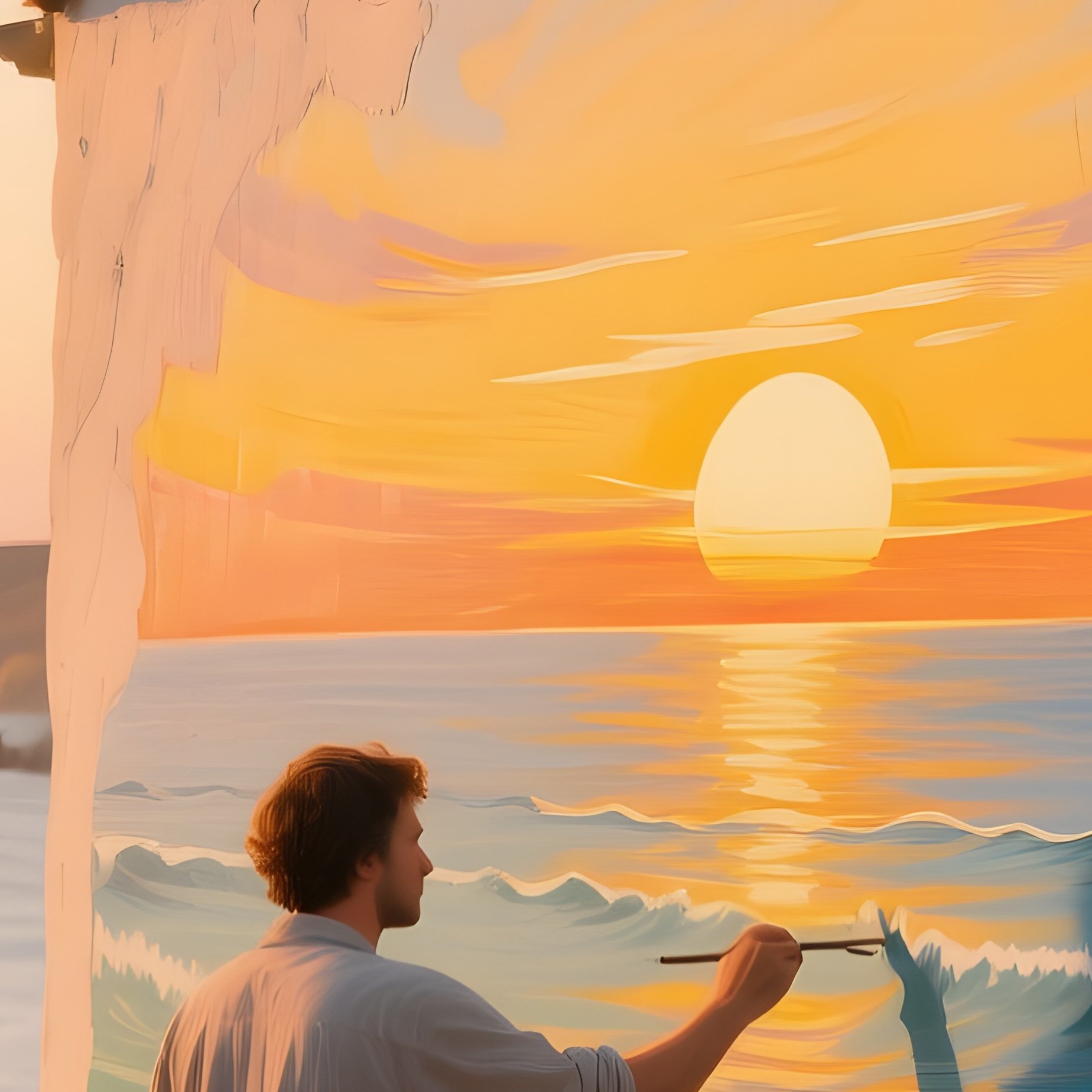 A Quiet Seaside Village Chapel At Golden Hour, The Plaster Walls Glowing As An Artist Paints A - Full Resolution Quality Preview