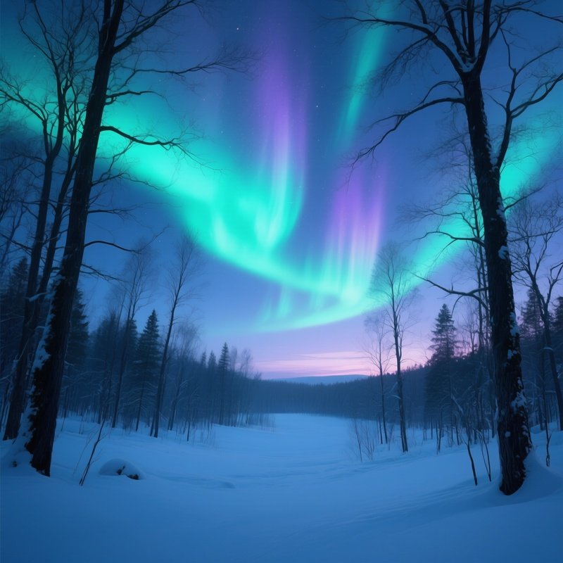 A Quiet Snow Covered Forest At Dusk, Pale Blue Twilight Filtering Through Bare Branches, With The