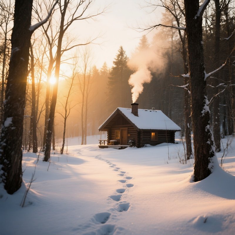 A Quiet Snow‑Covered Forest At Sunrise, Golden Light Filtering Through Bare Branches, Footprints