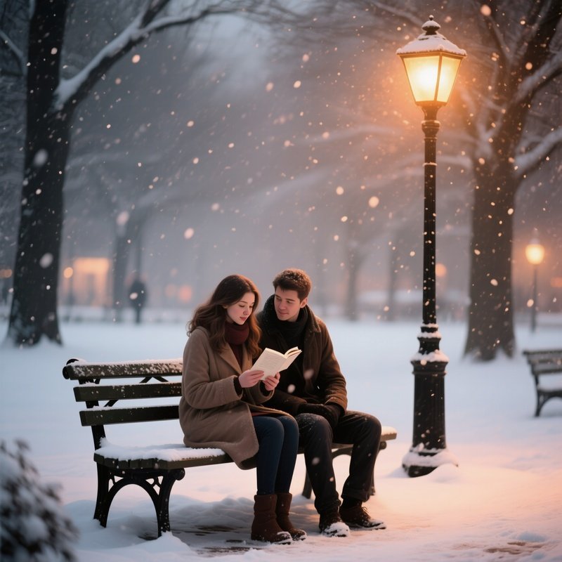 A Quiet Snowy Park Bench Under A Streetlamp, A Young Woman Reading Poetry To Her Partner, Soft