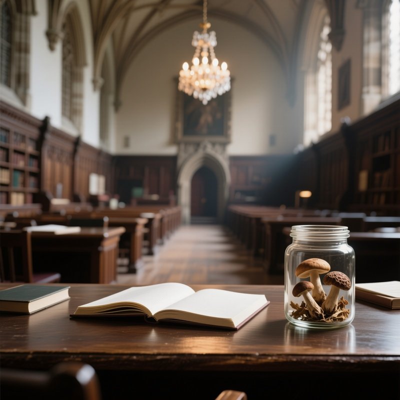 A Quiet Study Desk In A Historic University Hall, Open Notebook Beside A Glass Jar Containing Dried