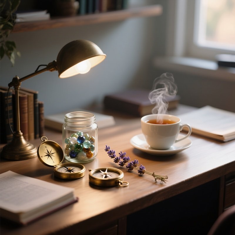 A Quiet Study Desk In Late Afternoon, Bathed In Soft Lamplight, Holding An Open Glass Jar Of