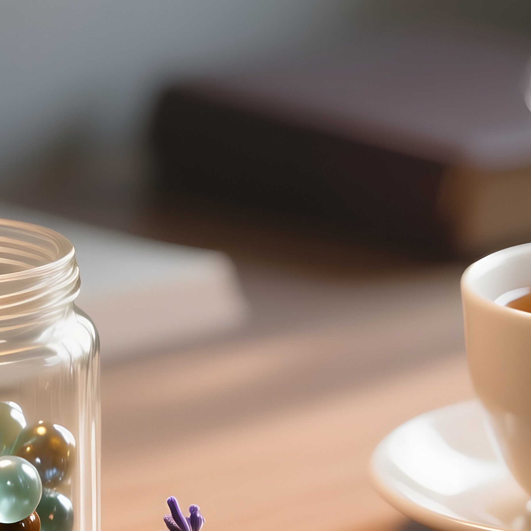 A Quiet Study Desk In Late Afternoon, Bathed In Soft Lamplight, Holding An Open Glass Jar Of - Full Resolution Quality Preview