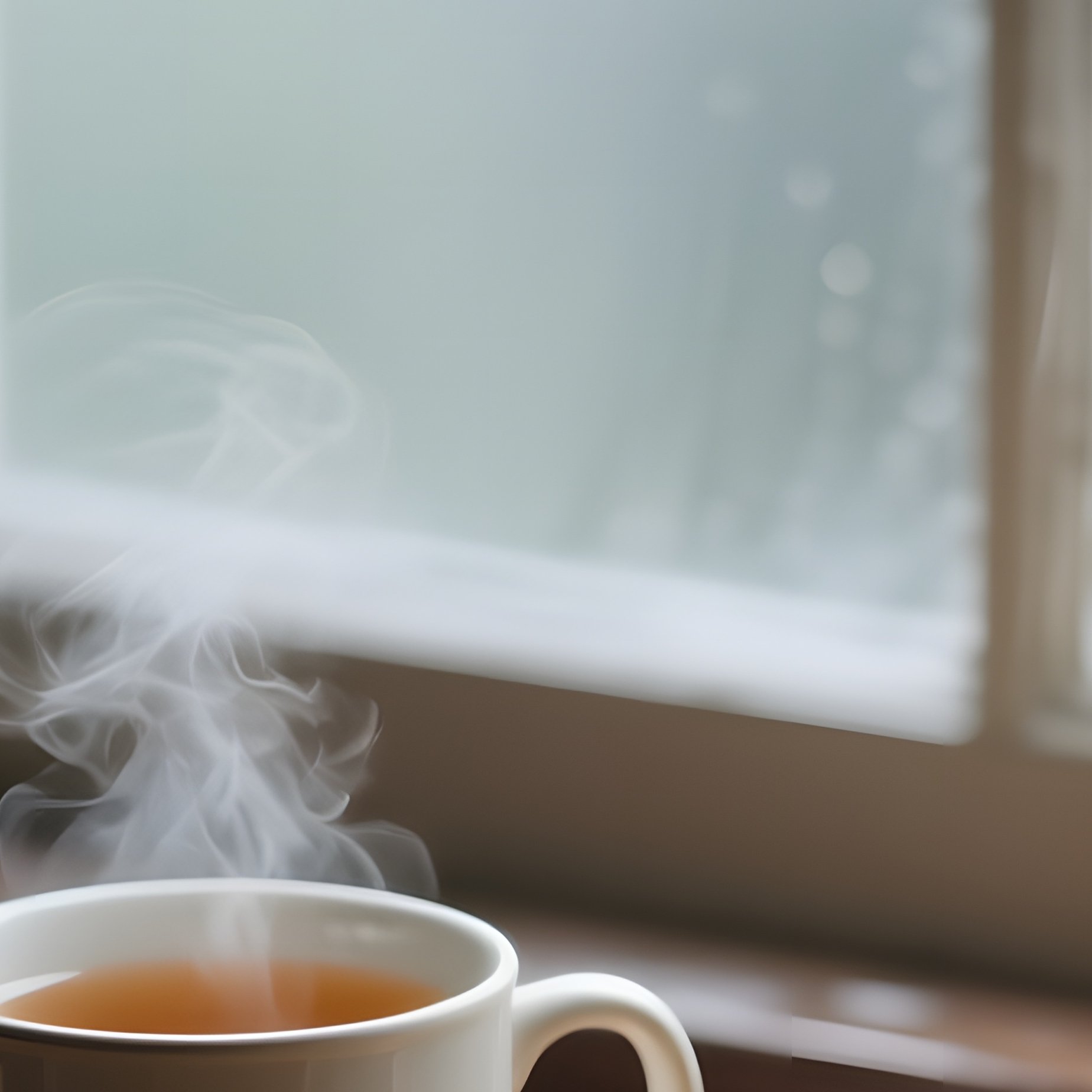 A Quiet Study Nook Under A Rainy Window, With A Wooden Tray Holding A Steaming Mug Of Tea, A - Full Resolution Quality Preview