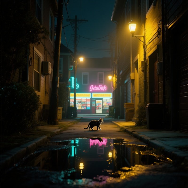 A Quiet Suburban Alley At Night, Streetlights Humming With A Soft Yellow Glow, Puddles Reflecting