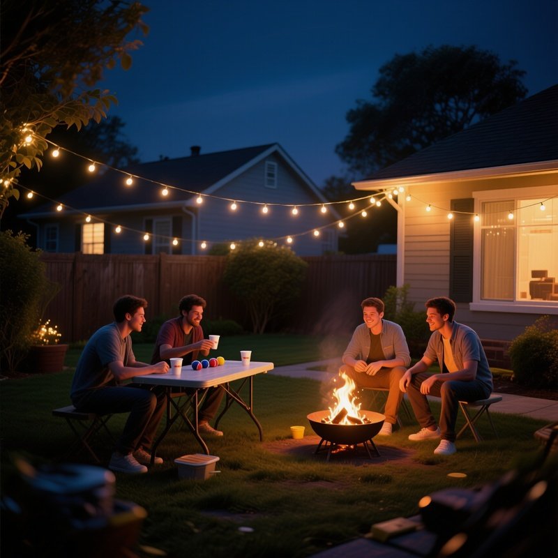 A Quiet Suburban Backyard At Night, String Lights Casting A Warm Glow As Friends Set Up A Portable