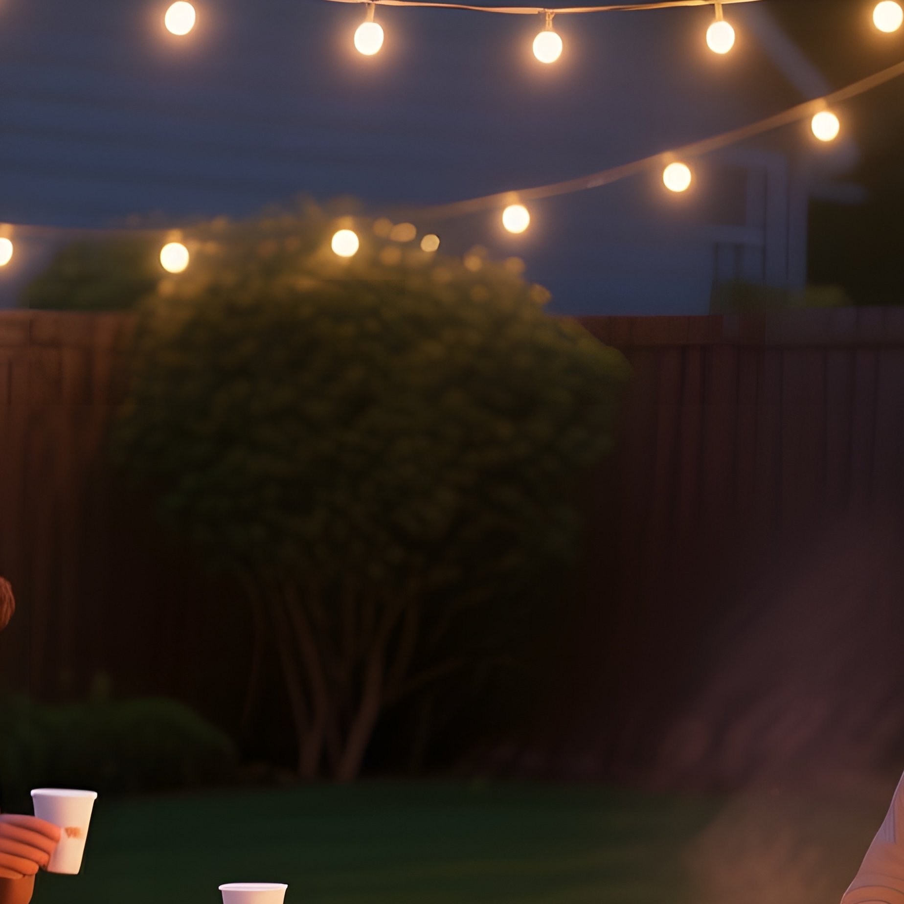 A Quiet Suburban Backyard At Night, String Lights Casting A Warm Glow As Friends Set Up A Portable - Full Resolution Quality Preview