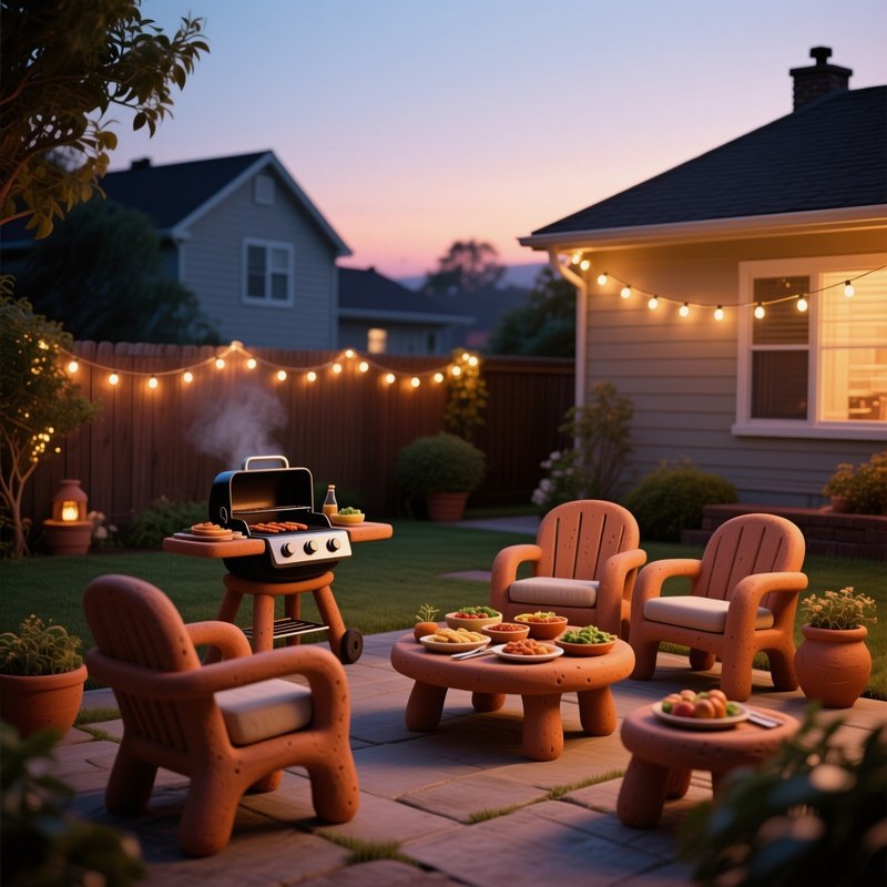 A Quiet Suburban Backyard Barbecue At Dusk, Grill, Patio Furniture And Food Items All Crafted From