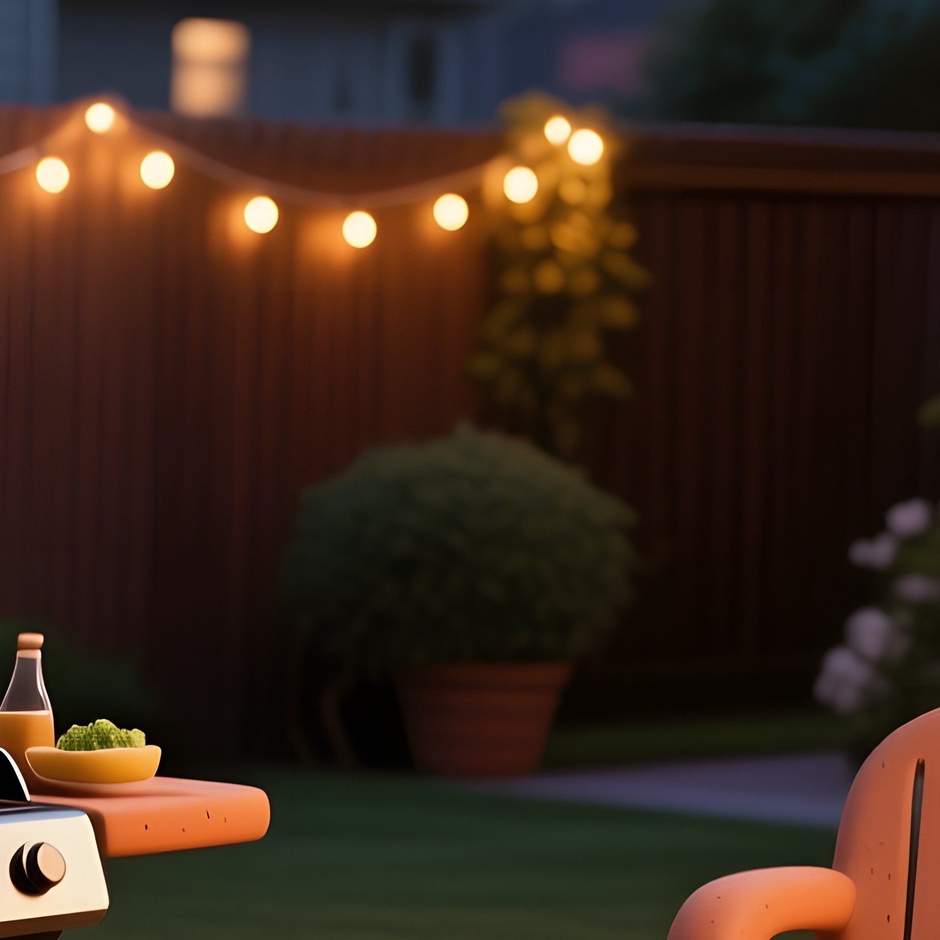 A Quiet Suburban Backyard Barbecue At Dusk, Grill, Patio Furniture And Food Items All Crafted From - Full Resolution Quality Preview