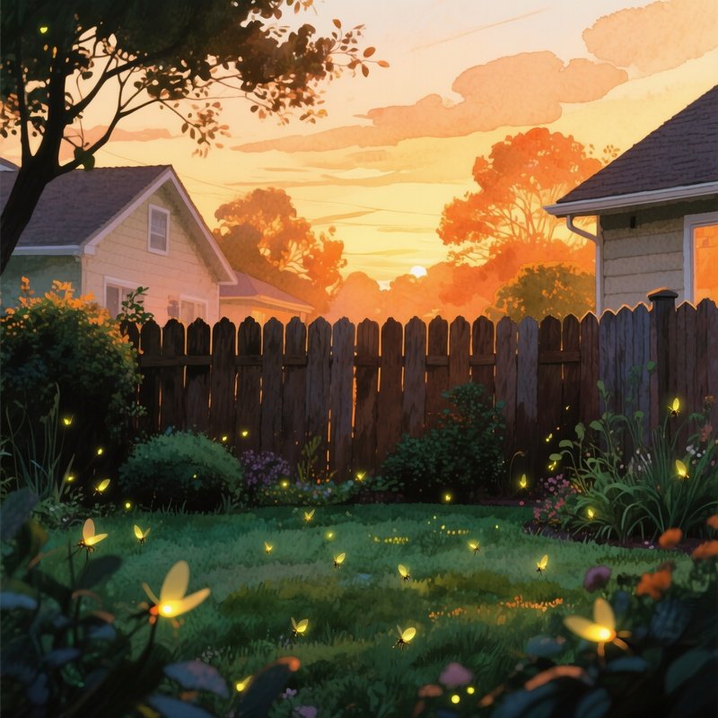 A Quiet Suburban Backyard Garden At Golden Hour, Fireflies Beginning To Glow, Watercolor Warm Hues