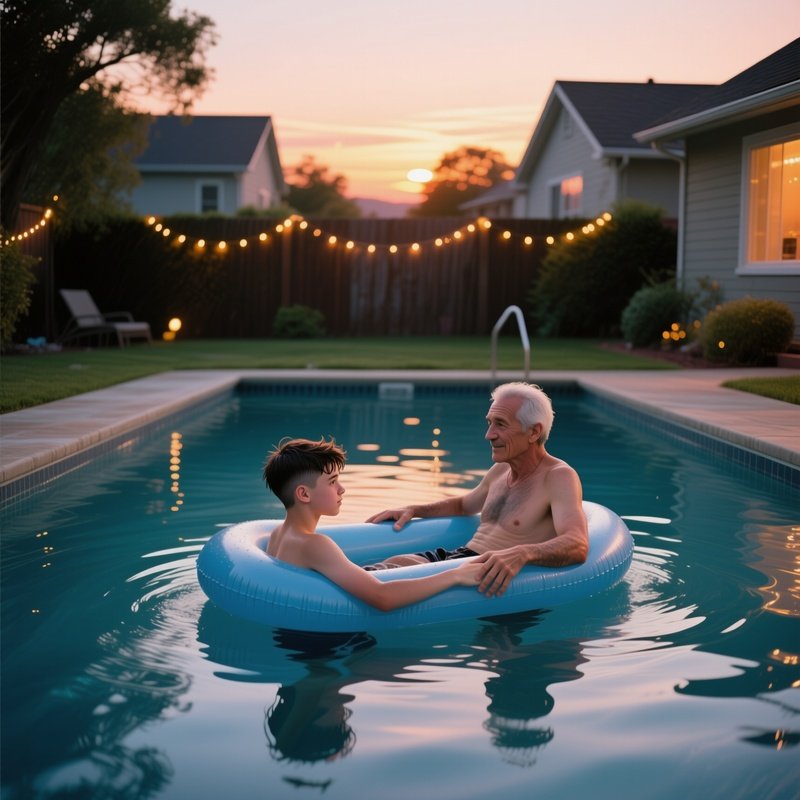 A Quiet Suburban Backyard Poolside At Sunset, Fairy Lights Reflected On Water; A Teen Gets A Trendy