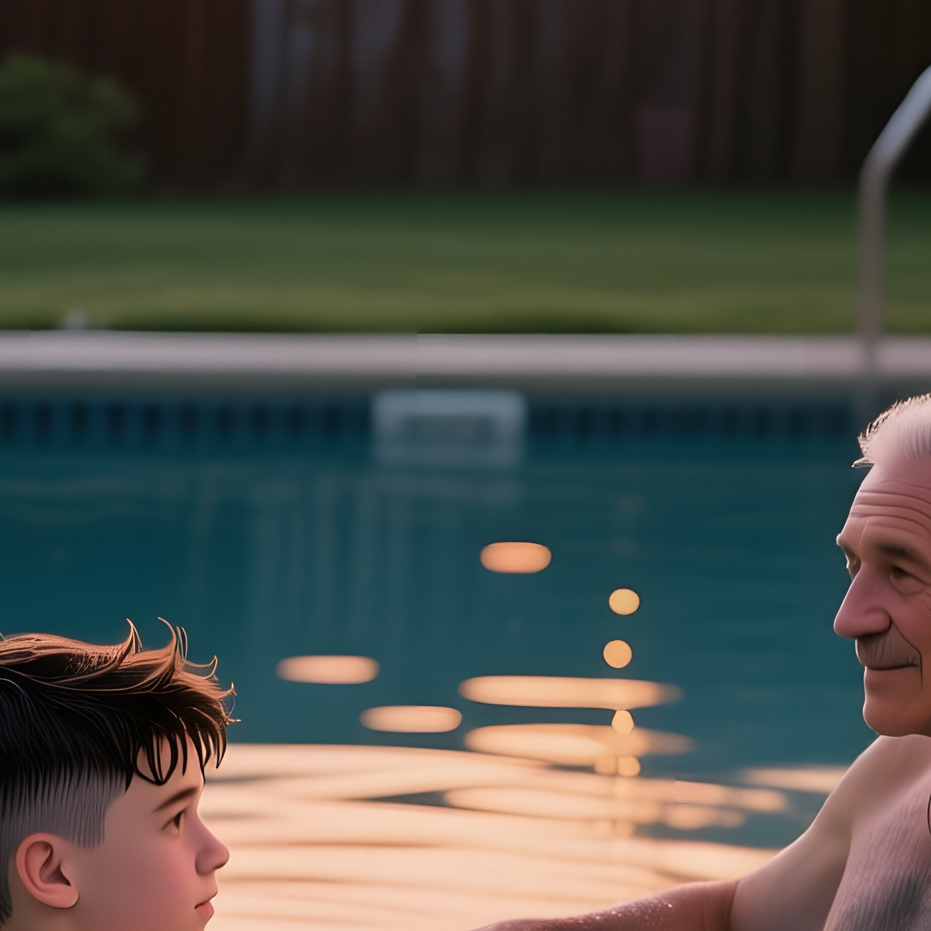 A Quiet Suburban Backyard Poolside At Sunset, Fairy Lights Reflected On Water; A Teen Gets A Trendy - Full Resolution Quality Preview