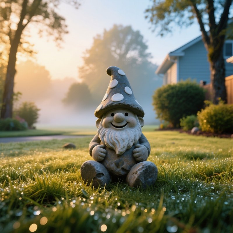 A Quiet Suburban Backyard With A Whimsical Garden Gnome Made Of Polished River Rock Surrounded By