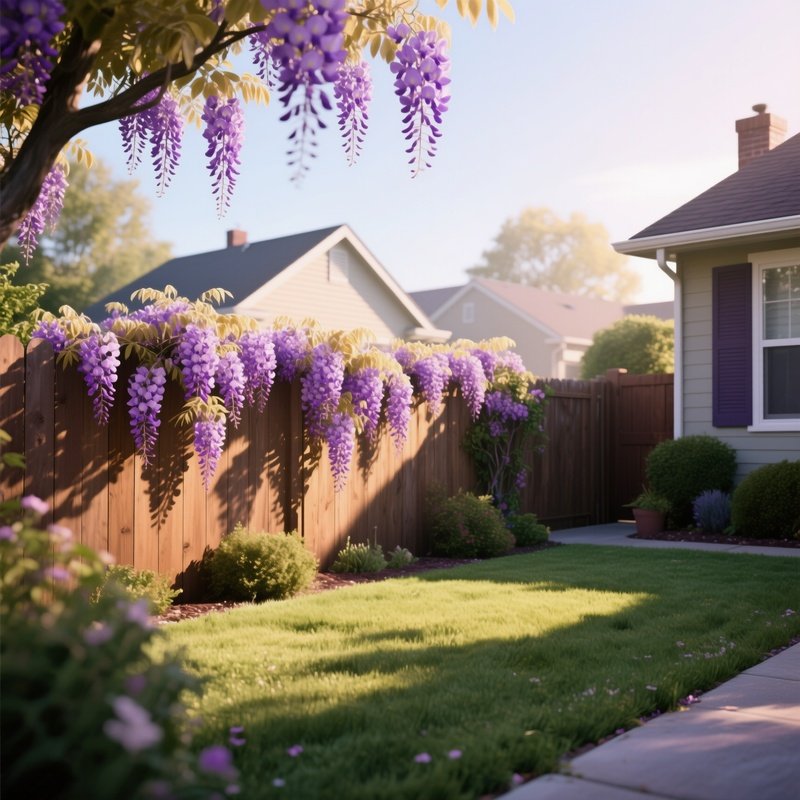A Quiet Suburban Front Yard With A Wooden Fence Draped In Blooming Wisteria, Morning Sun Casting