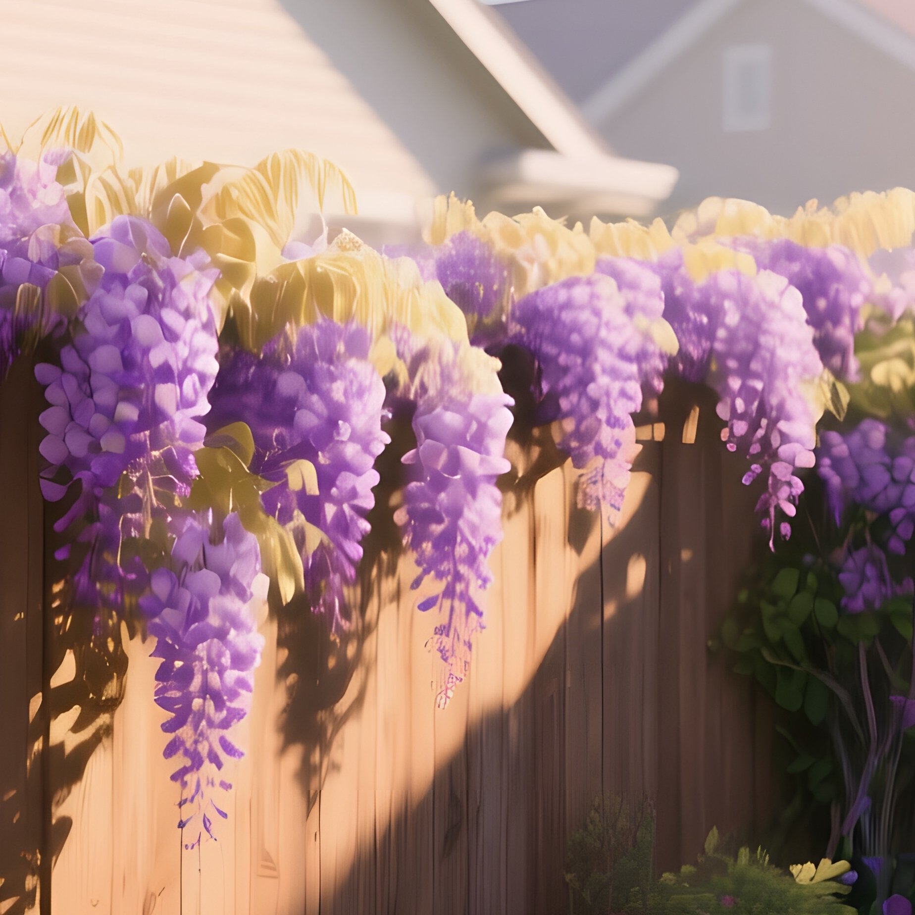 A Quiet Suburban Front Yard With A Wooden Fence Draped In Blooming Wisteria, Morning Sun Casting - Full Resolution Quality Preview