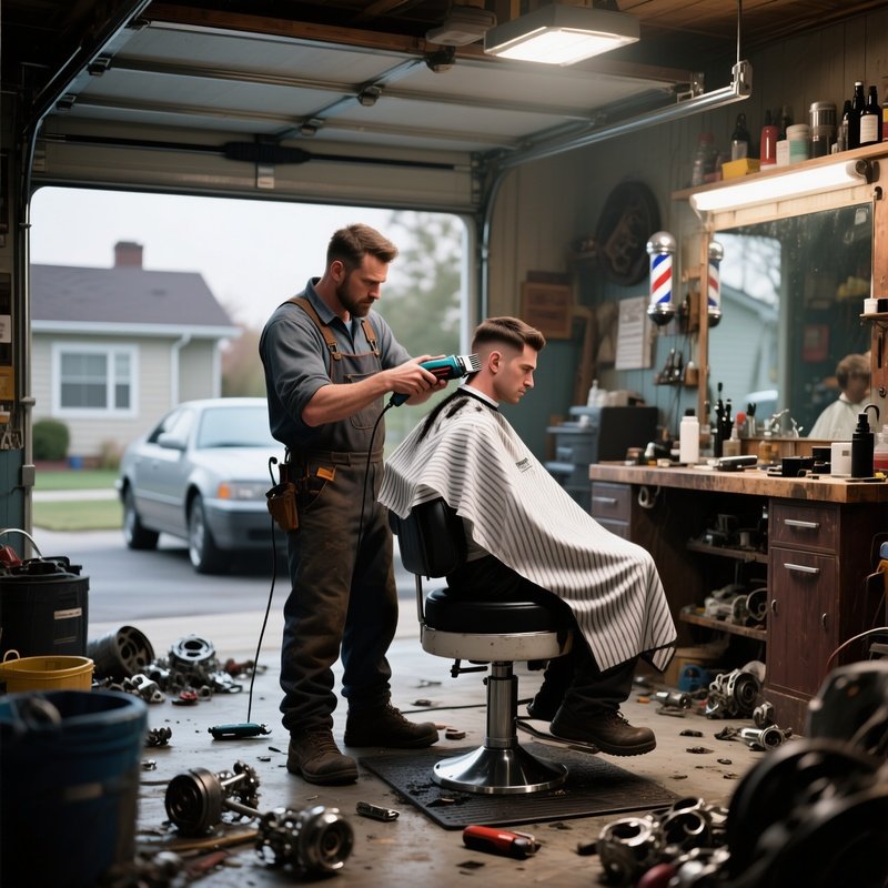 A Quiet Suburban Garage Turned Diy Barbershop; A Mechanic Gets A Practical Buzz Cut Using An
