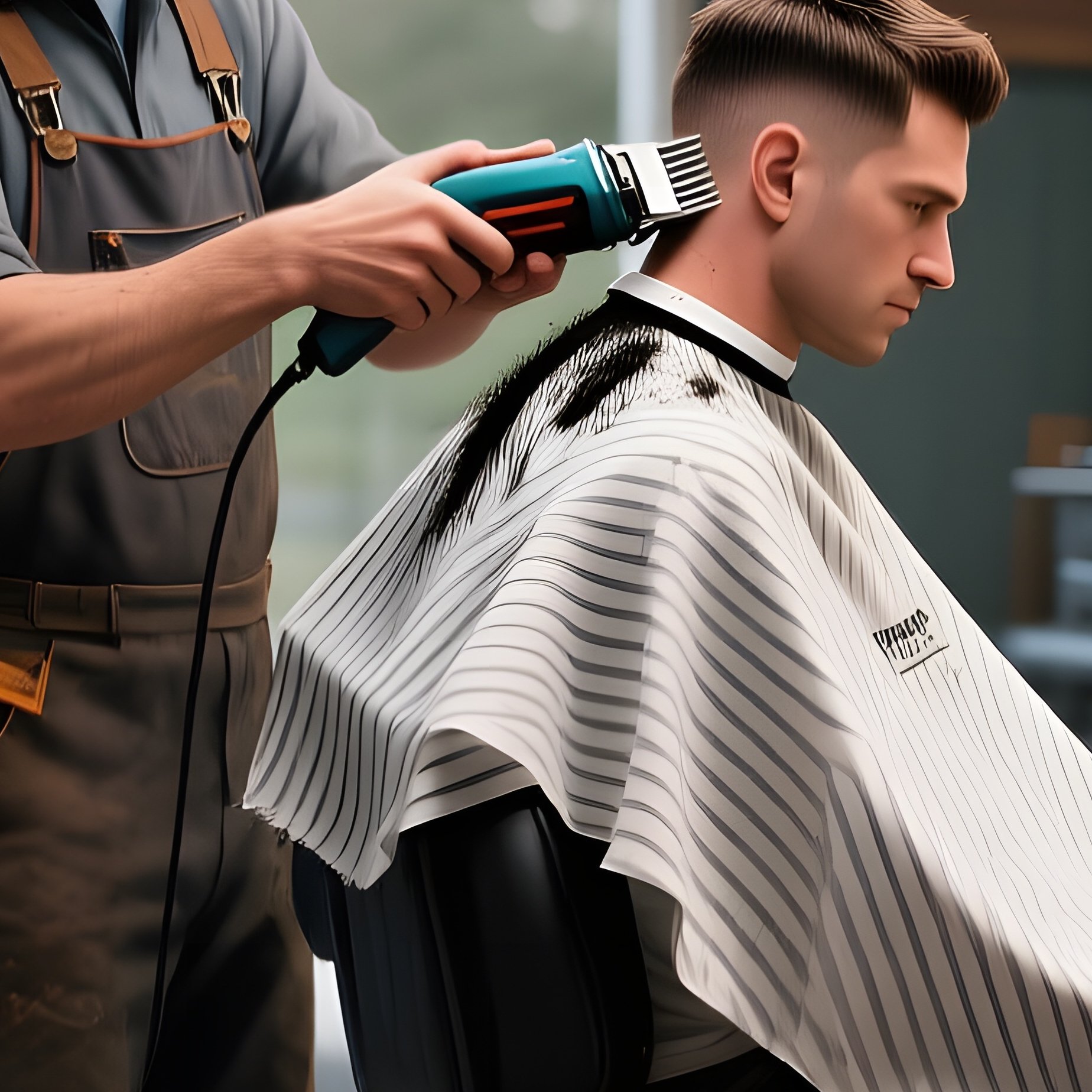 A Quiet Suburban Garage Turned Diy Barbershop; A Mechanic Gets A Practical Buzz Cut Using An - Full Resolution Quality Preview