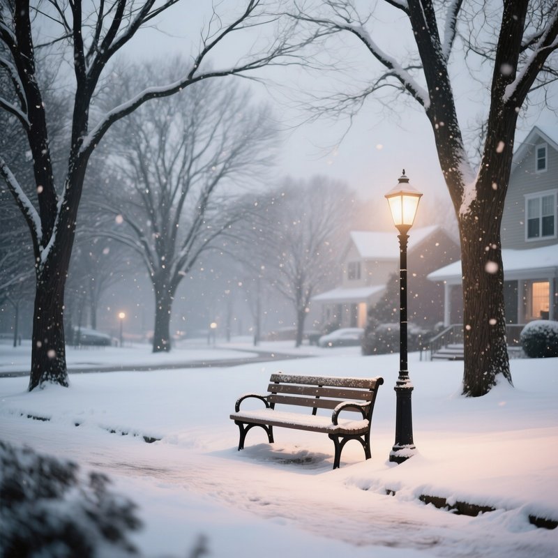 A Quiet Suburban Park In Early Winter, Bare Trees Dusted With Light Snow, Bench Illuminated By A